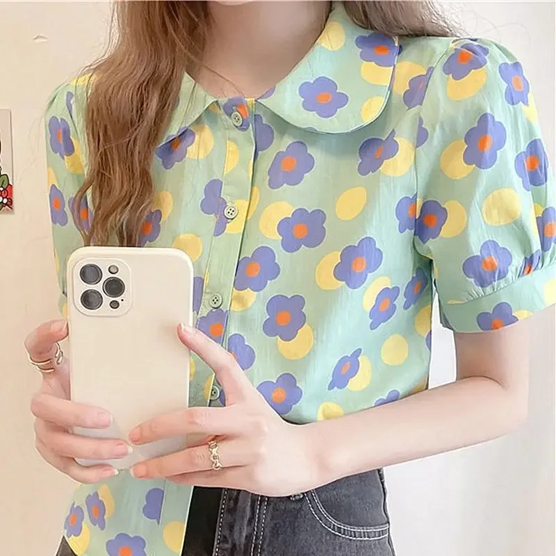 Women Summer Korean Casual Printing Chiffon Loose Polo-Neck Short Sleeve Blouse Women Clothes Sweet All-match Floral Top Tee