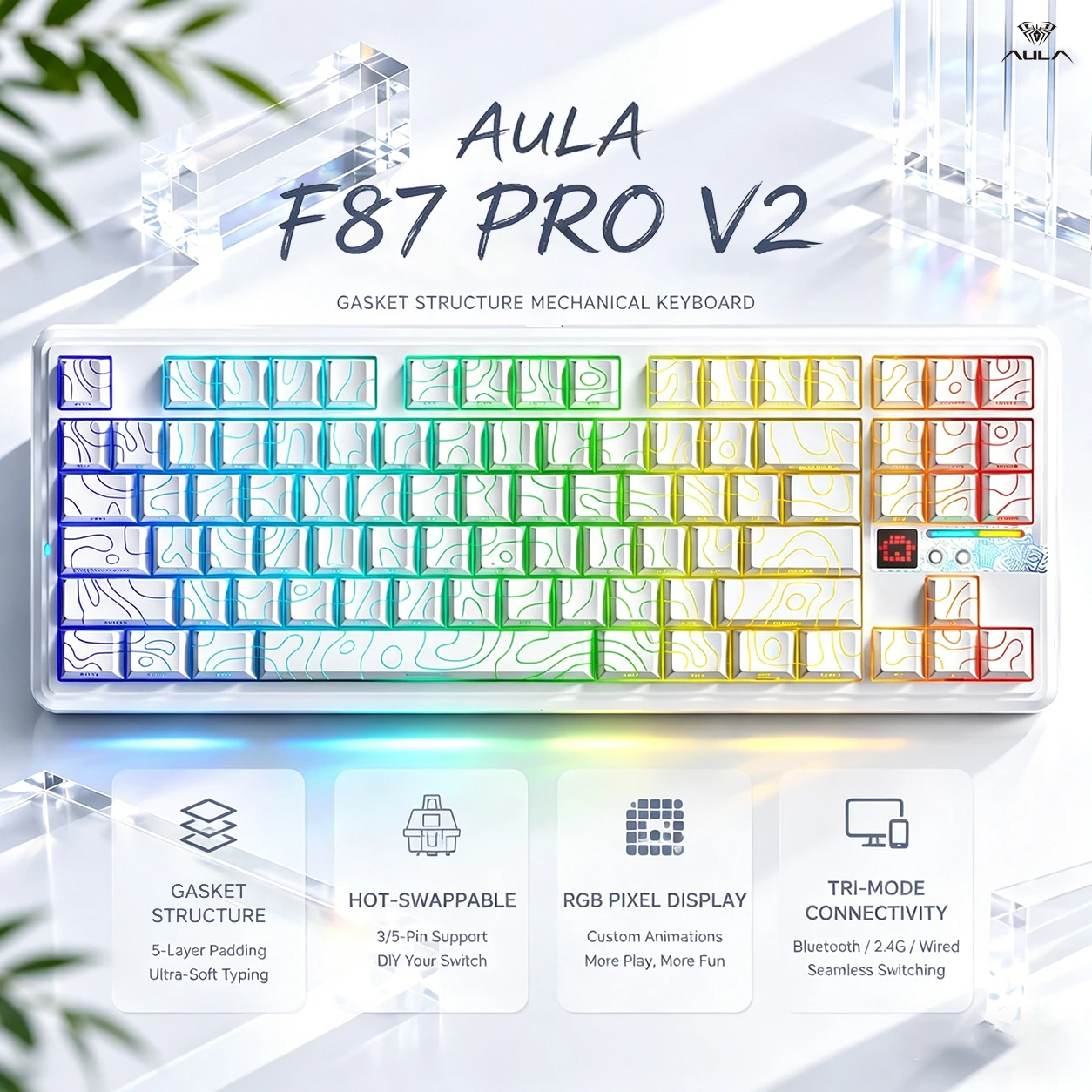 AULA F87 PRO V2 Wireless Mechanical Keyboard 87Keys TKL Gasket Hot Swappable RGB Dot Matrix Screen Tri-mode Gaming Keyboard