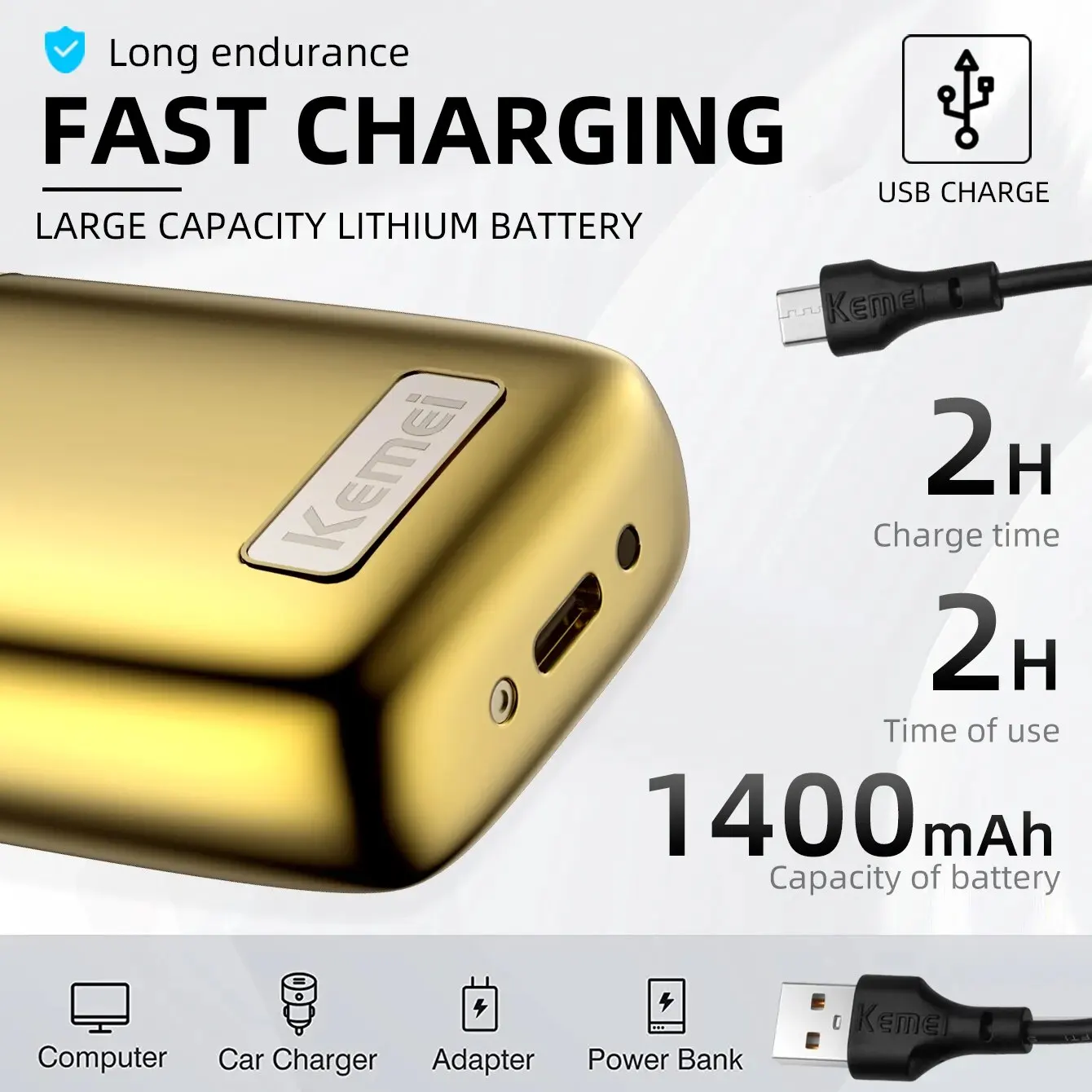 Kemei เครื่องโกนขน2หัวแบบชาร์จไฟได้, เครื่องโกนหนวดหัวโล้นแบบชาร์จไฟได้สำหรับผู้ชาย