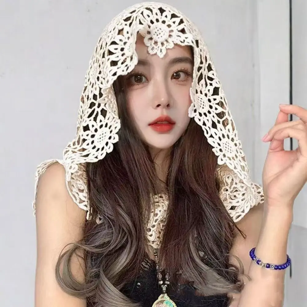 

Simple Flower Hollow Out Crochet Shawl White Thin Hooded Scarves Cloak Wraps Lace Scarf Summer