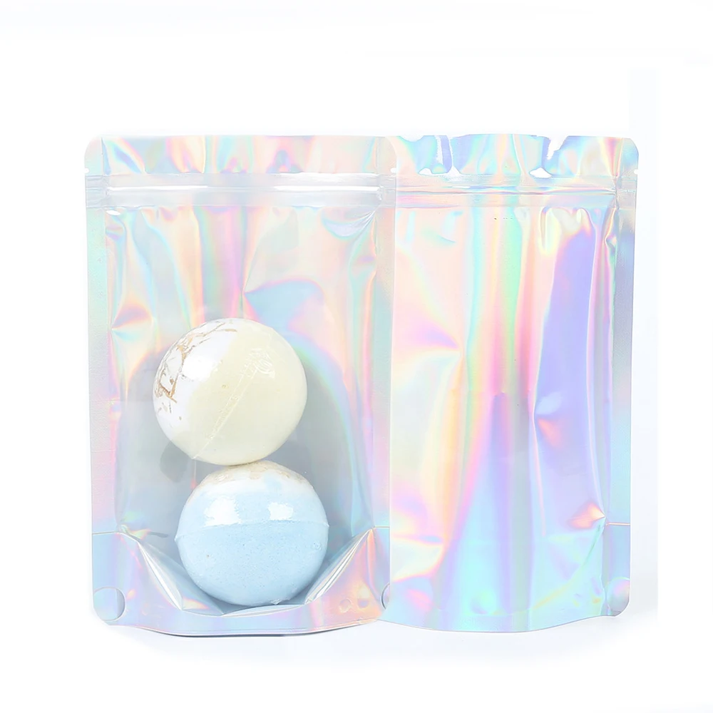 100Pcs Various Size Holographic Mylar Pouch  Clear Window Stand Up Resealable Beauty Products Storage Bag for Cosmetic