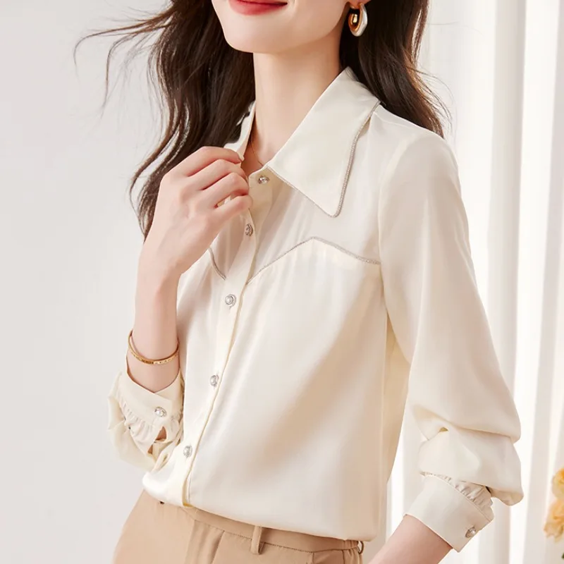 

Elegant Collar Long Sleeve Women's Shirt Charming Design Sensation Autumn 2026 New Style Silk Georgette Top Korean Style