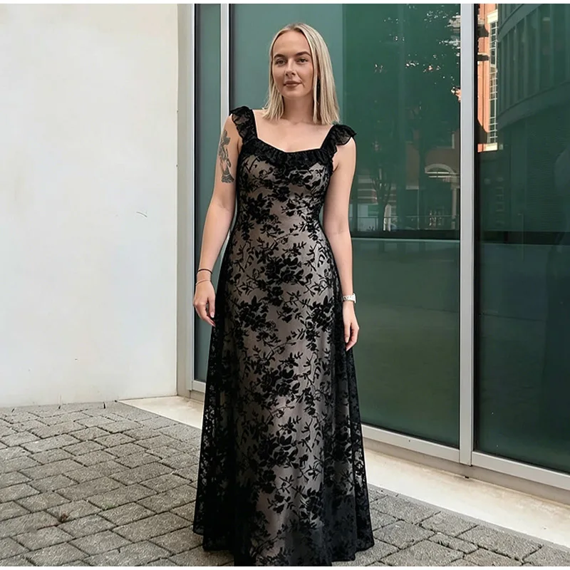 Damen Schwarzes Blumen-Spitzen-Maxikleid Schulterfreies Rüschen-Trägerkleid Transparentes Mesh-Bodycon-Kleid 2026 Elegantes Abend-Party-Cocktailkleid – Detail 14