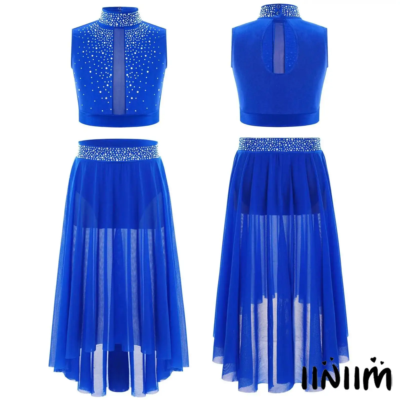 

Elegant Girls Performance 2-Piece Set Glitter Sleeveless Top Irregular Mesh Skirt with Shiny Rhinestone For Lyrical Praise Dance
