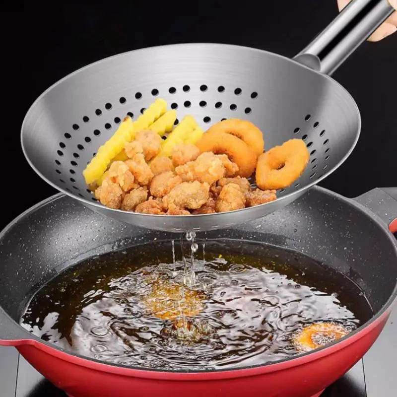 Thickened Stainless Steel Colander With Handle Multi-Functional Easy To Clean Oil Flour Noodle Dumplings Sieve Oil Skimmer Scoop