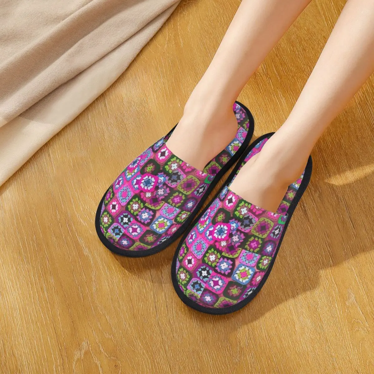 Custom Crochet Blanket Granny Square Vintage Slippers Memory Foam Warm Soft Women House Slipper Bedroom Cozy Shoes