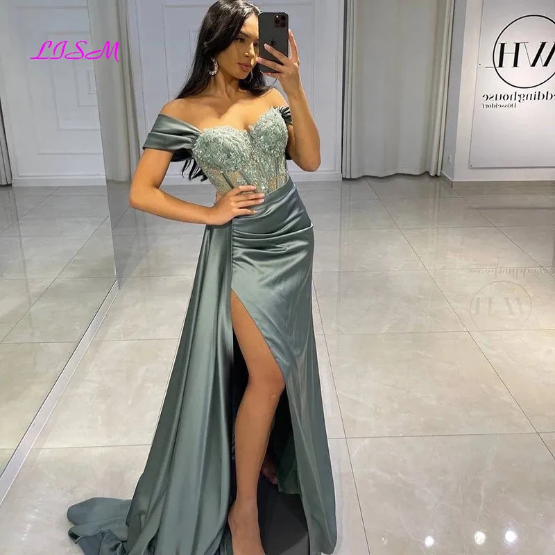 

Sexy Prom Dress Off the Shoulder Appliques High Split Long Evening Dresses Saudi Arabia Dubai Cocktail Gowns