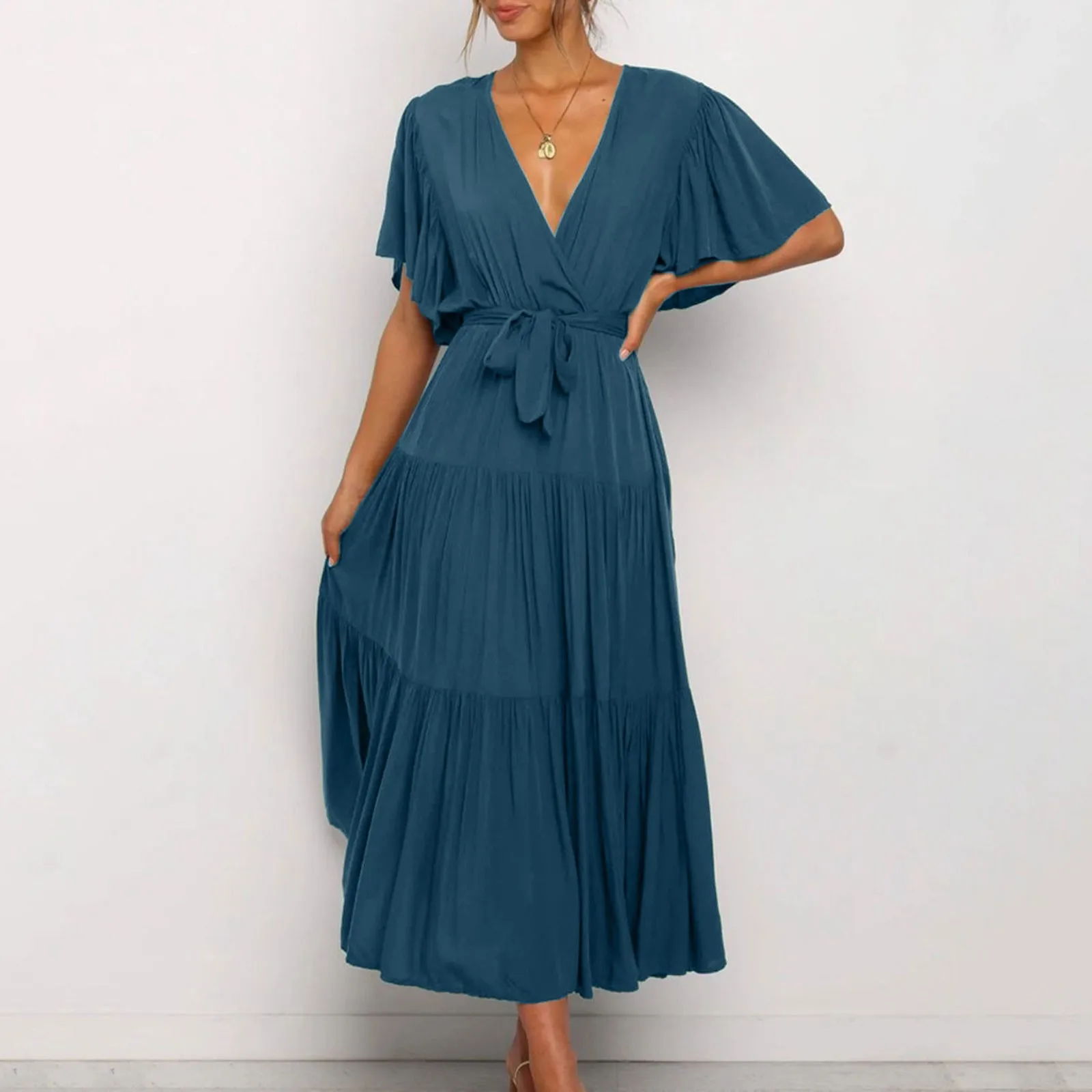 Vestido maxi de algodão com decote em v feminino, Cintura alta, Longo, Linha A, Casual, Férias, Senhora do escritório, Preto, Verão, Elegante Cinto, 2024