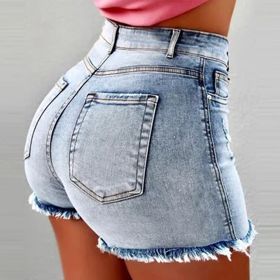 High Waist Stretchy Denim orts Women's Ripped Fringed Jeans Cotton Tight Fit mid Stretch Bla Color Spring Season Faion