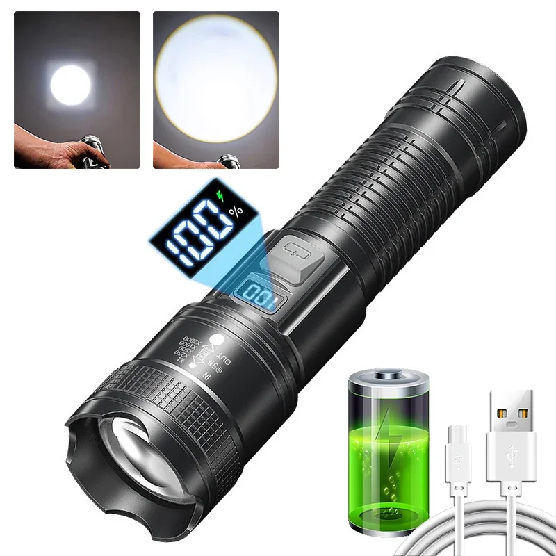 Ultra Bright LED Flashlight 2000LM Type-C Rechargeable Long Range Zoom Tactical Torch Outdoor Emergency Camping Fishing Lantern