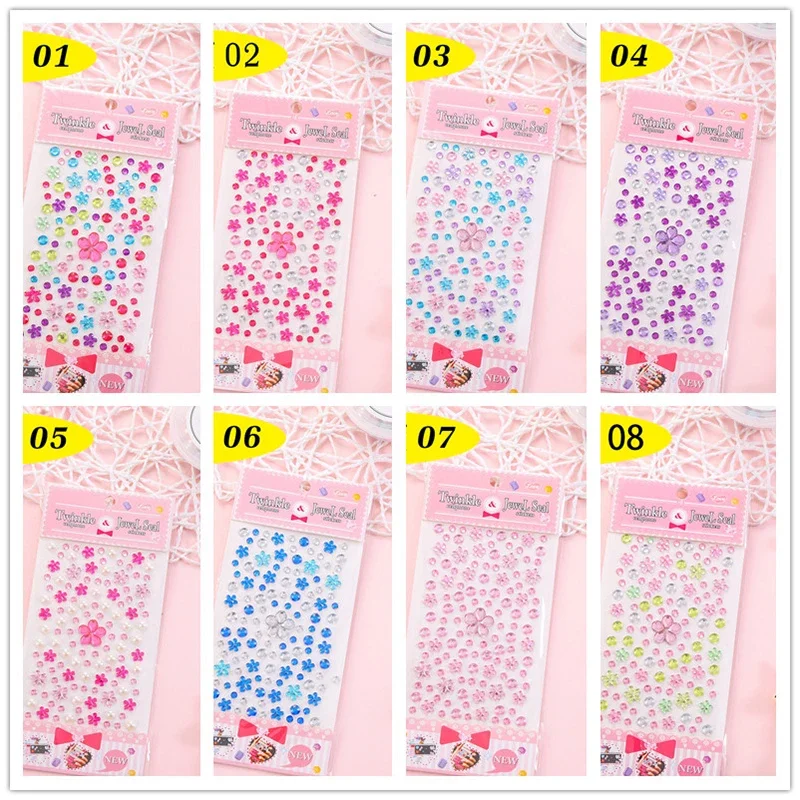 Flower Shape Sticker DIY Rhinestones Beads Sticker Phone Cup Decor Kids Self Adhesive Scrapbooking Children 1 Sheet