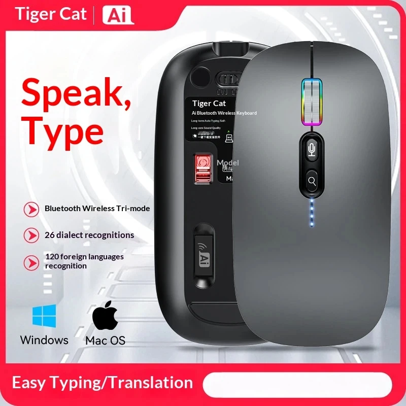 Tiger Cat Ai Voice Mouse Usb Bluetooth With Dialect Recognition Voice Typing Translation Battery Display 1000 Wpm 99% Accuracy