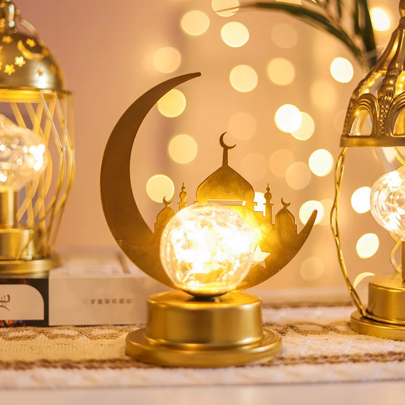 Ramadan Lamp Landle Holder Tray with Lights Eid Mubarak Muslim Islam Ramadan Festival Metal Lamp Home