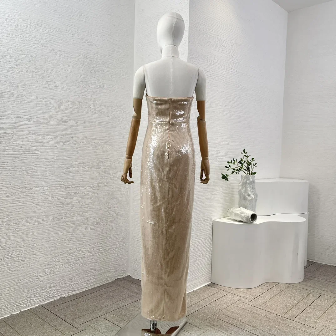 Flor sem mangas das mulheres aplicou fenda Hem Slim Fit Dress, vestido maxi tubo da senhora, cor gengibre raiz, vestidos lindos, eventos vestido de festa