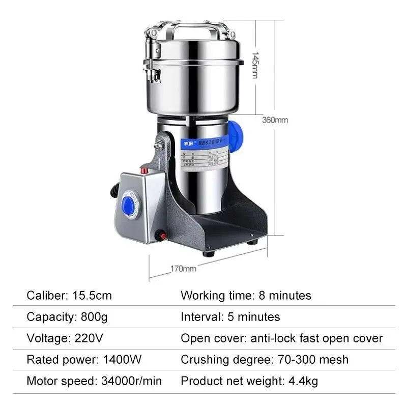 DIVEDEER 800G elektryczny młynek do kawy 1400W potężne ziarna przyprawy ziołowe młynek do suchej żywności materiały lecznicze kruszarka do proszku