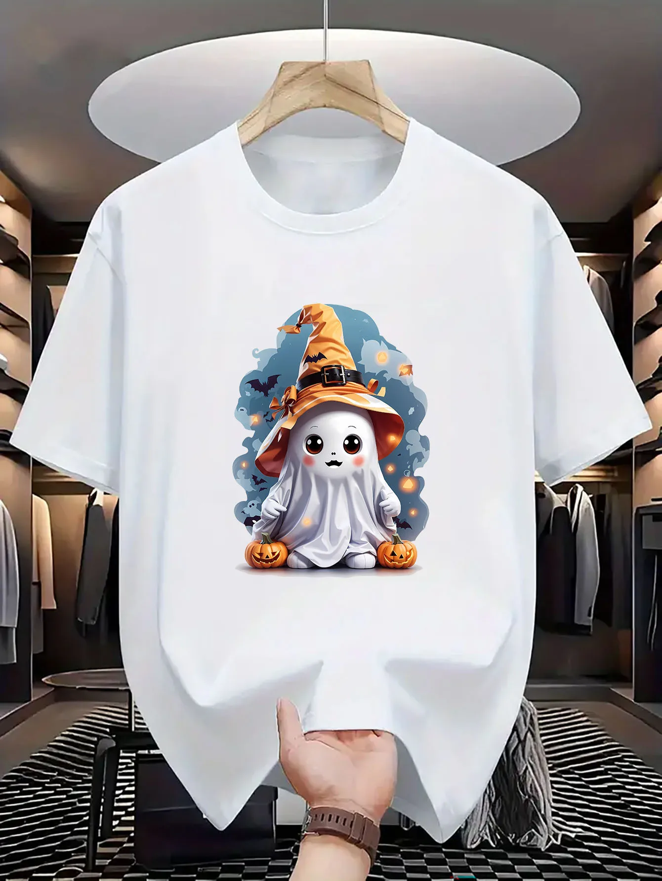 Halloween Cute Ghost Wizard Pumpkin Print pure cottonT-Shirt Men's and Women's casual T-shirt breathable and comfort