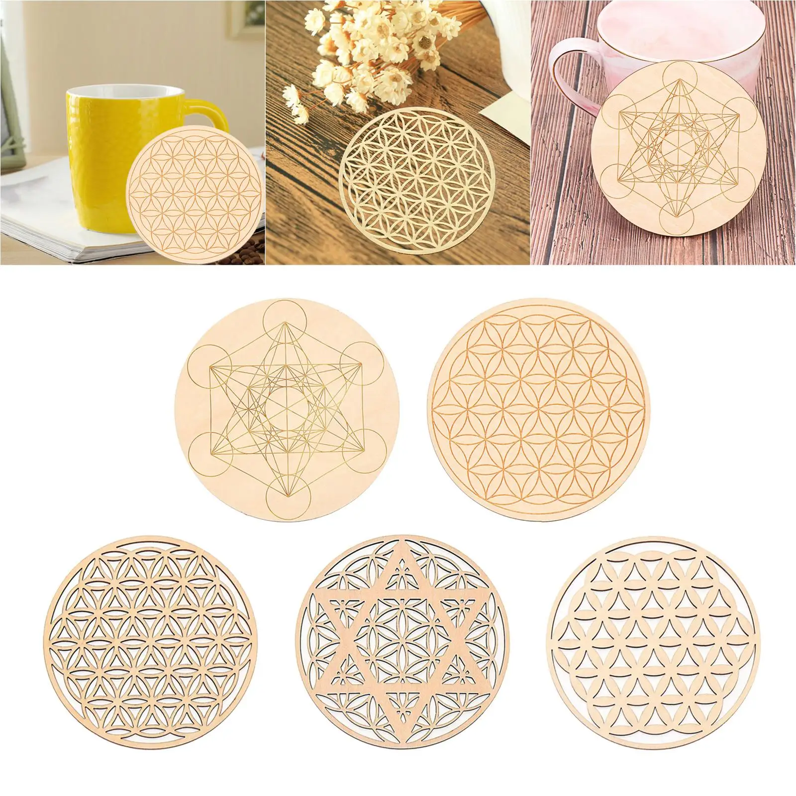 Set of 5 Wood Coaster Kitchen Crafts Non Slip Round Coffee Coaster Cup Mat