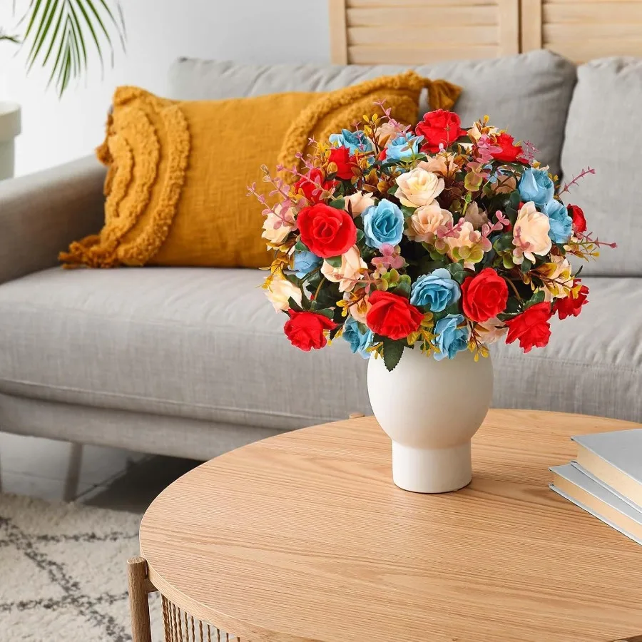 エバーウィン造花ミニバラの花束、装飾用フェイクカラフルな花、茎付き、ホームデコレーション用
