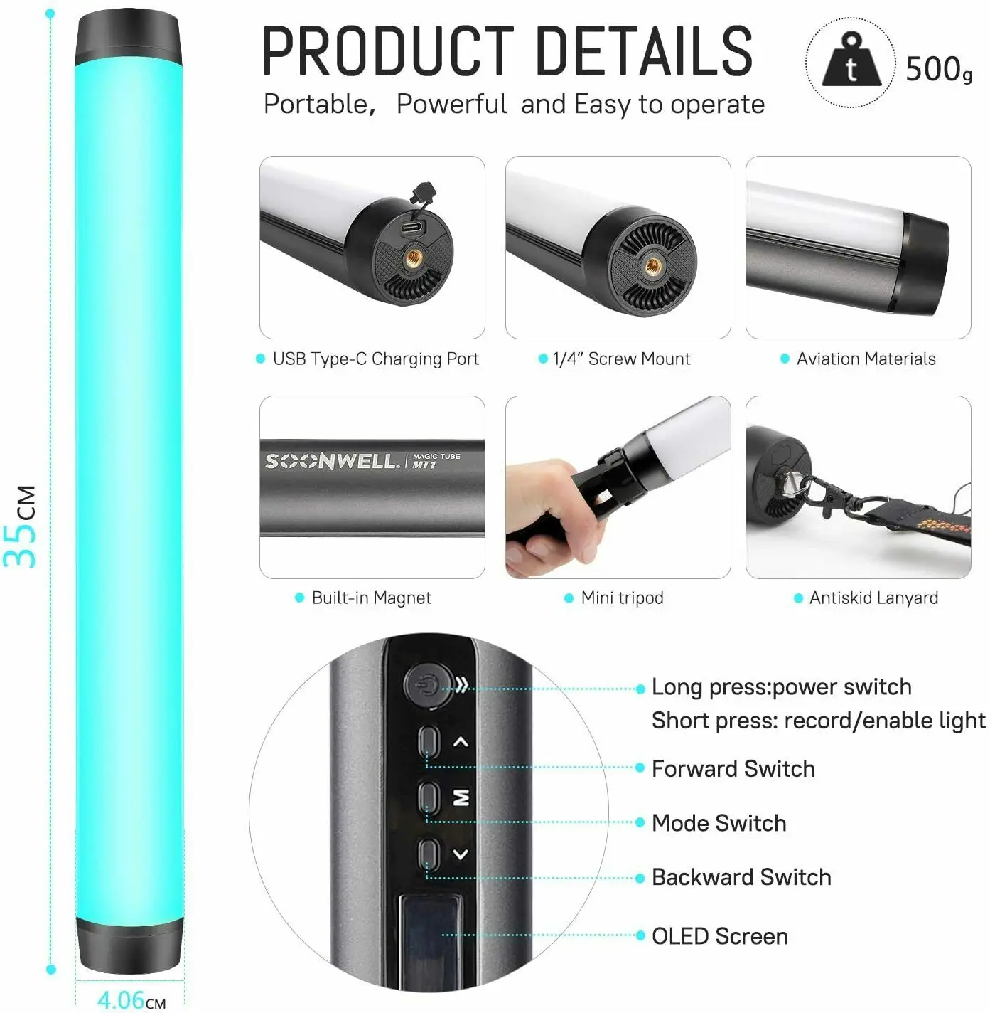 SOONWELL MT1 RGB Led Light Stick Tube Light Full Color CTT 1600-20000K IP68 Waterdicht licht