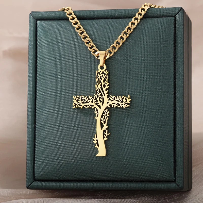 Stainless Steel Tree Cross Necklaces For Women Men Gold Color Cuban Chain Pendant Necklace Male Female Jewelry Birthday Gift