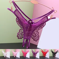 Women Thong Sexy Panties Embroidery Butterfly Panties Sexy Lingerie Thongs Women Sexy Open Crotch Underwear Purple G-string