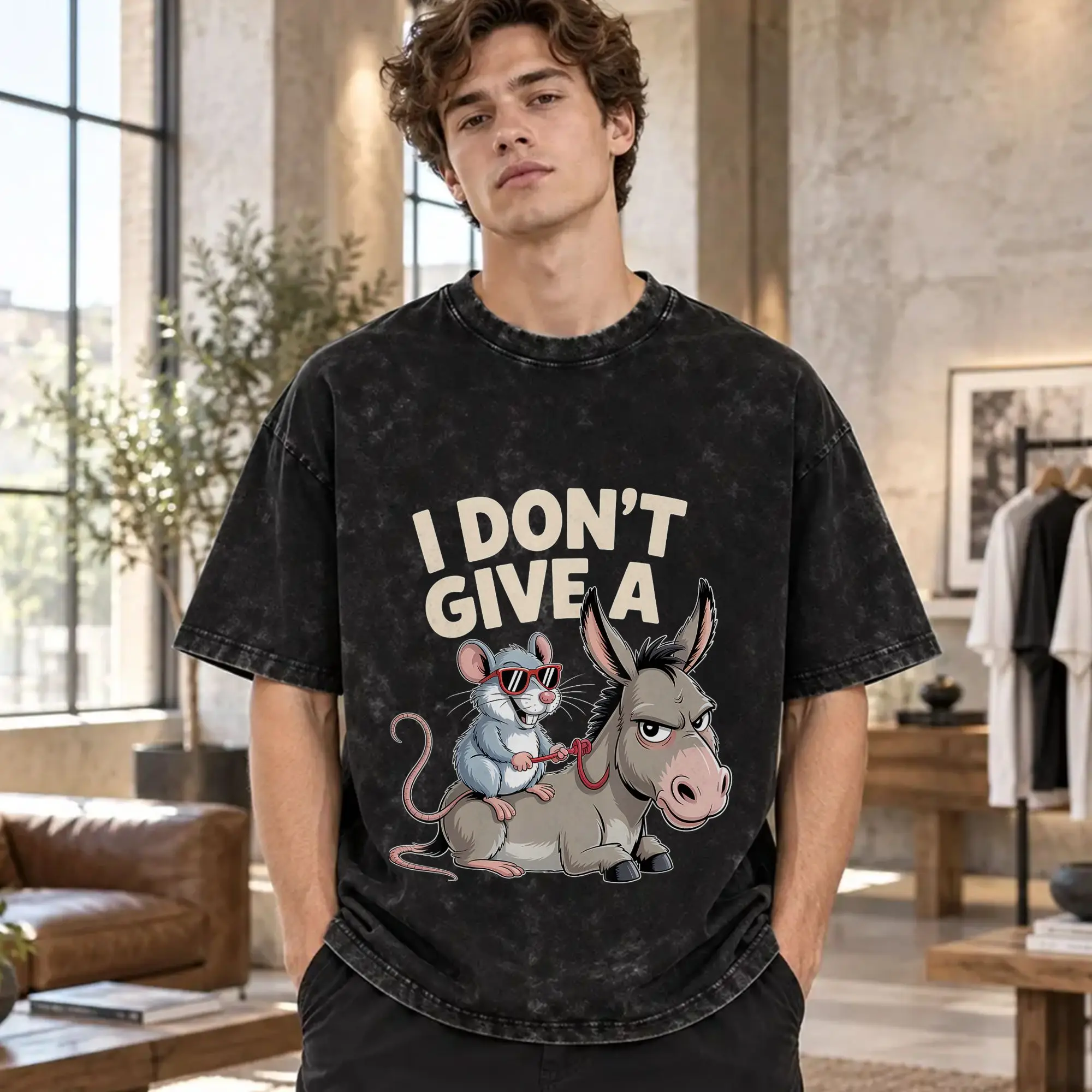 Men I Don't Give a Rats Ass Mouse Donkey Funny T Shirts  Tops Summer Awesome Short Sleeves T Shirt O-Neck HarajukuHot Sale