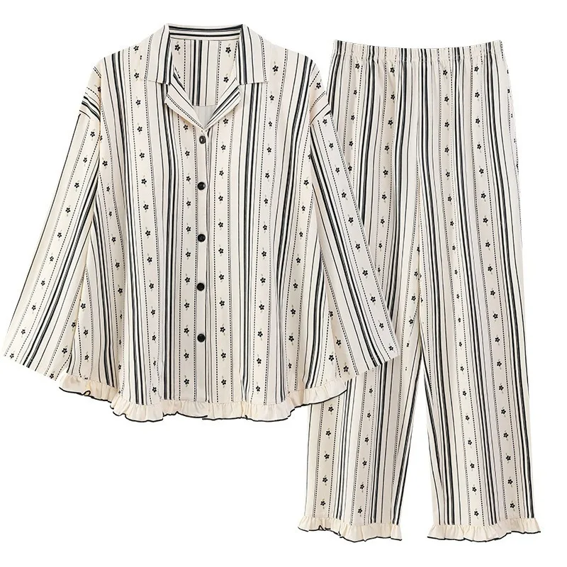 Women's Premium Long Sleeve Striped Pajama Set Soft Pure Cotton Loungewear with Elegant Lace Collar All Year Comfort 2XL Size