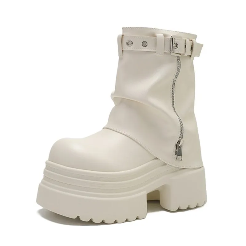 Women's Platform High Heels Boots Designer Leather Shoes New Winter Zip Chelsea Short Boots Trend Motorcycle Boots Woman Pumps