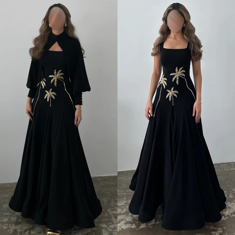 

Customized Luxury Jersey Appliques Evening Dress Fashion Sweep Train Prom Dresses Delicate Square Collar Special Occasion Gowns