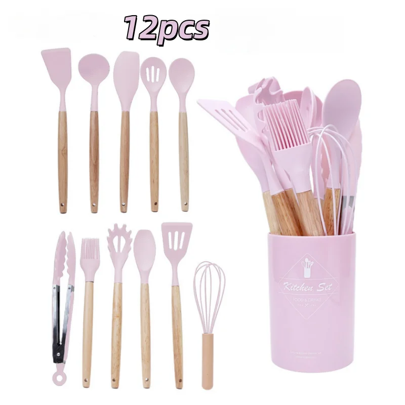 

12PCS Food Grade Silicone Kitchen Utensils Set Wooden Handle Non-Stick Spatula Egg Beaters High Temp Resistant