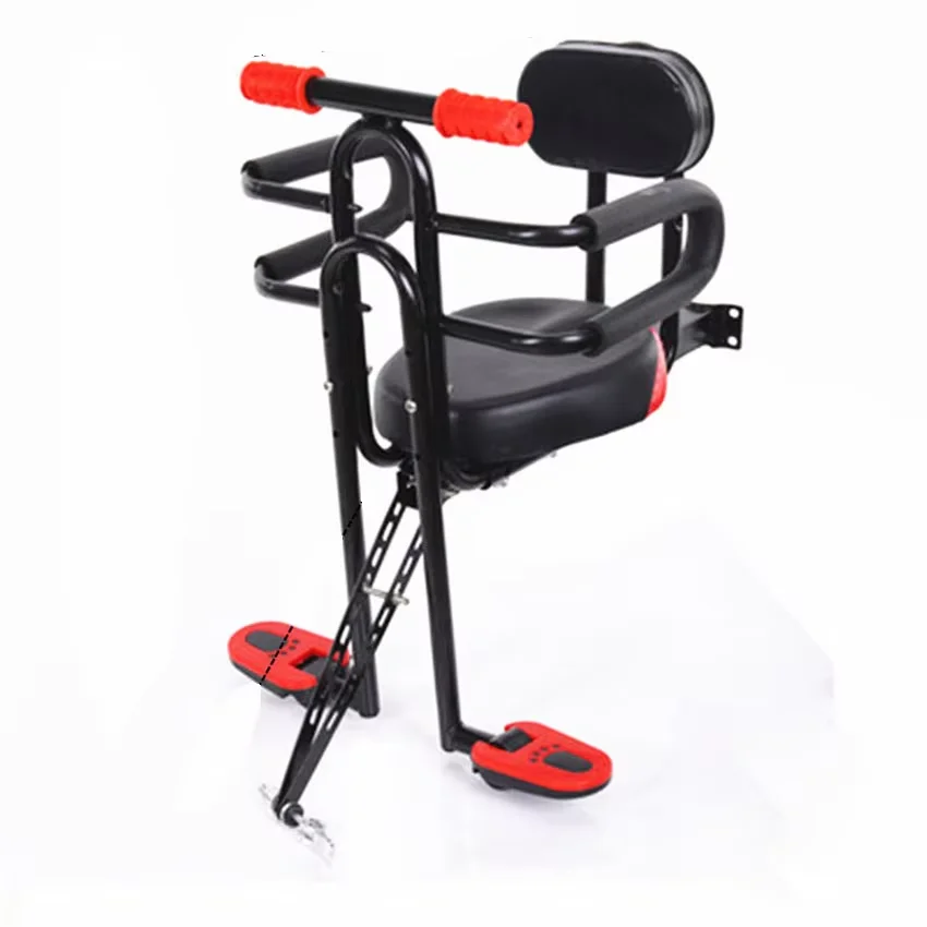 子供用自転車パーツ バイクフロントシート キッズ用 調節可能な安全ガードレール付き 足踏み台付き 背もたれ付き 電動自転車にも対応