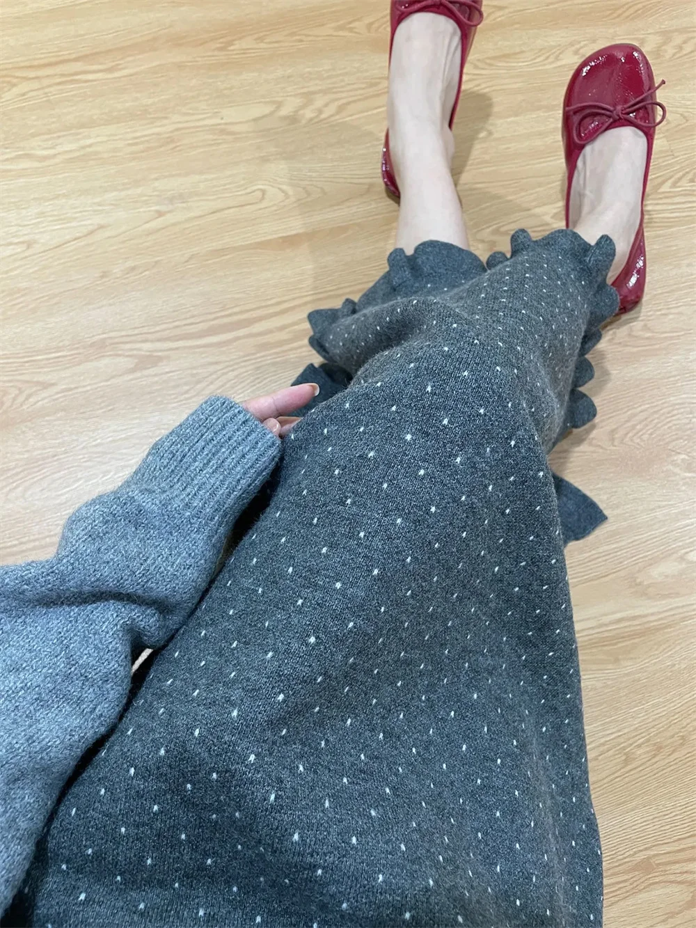 Vintage Polka Dots Knitted Midi Skirt Women Ruffles Patchwork Slit Skirts Winter Elegant Korean High Waist Print Casual Faldas