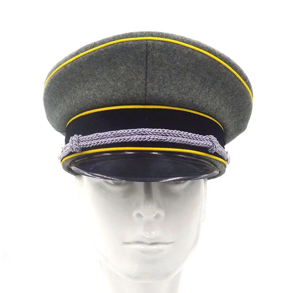 WWII WW2 German Elite Officer Cap Yellow Brim Wool Visor Hat Silver Chin Cord