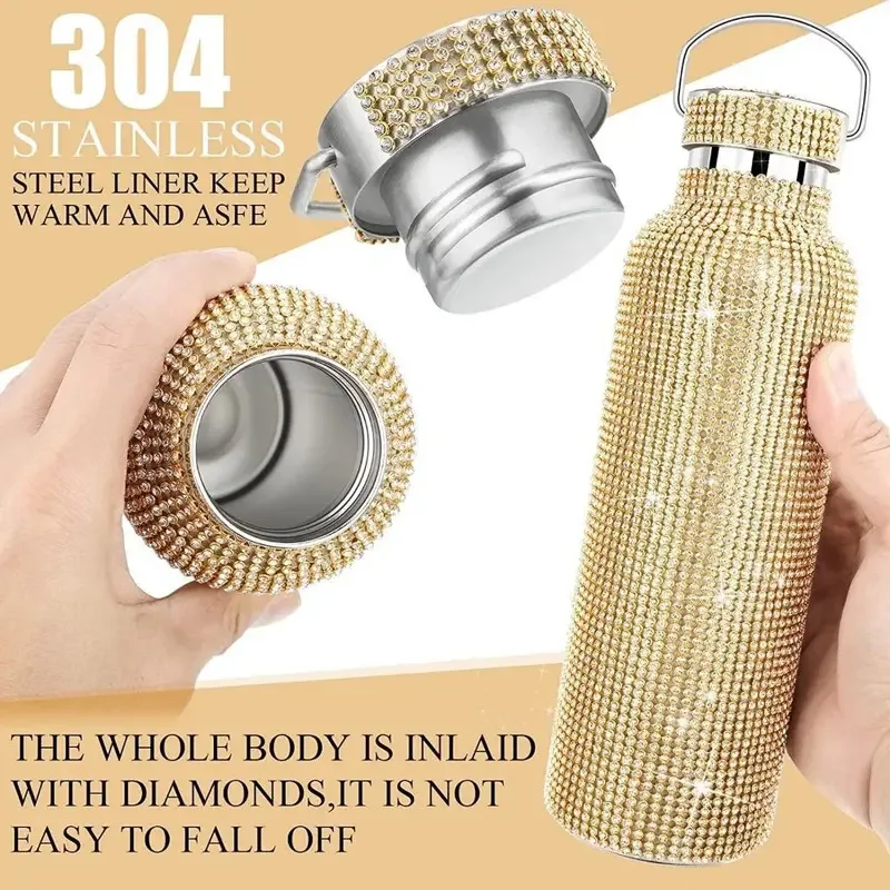 stainless steel rhinestone insulated water bottle with chain strap, glitter travel tumbler for cold drinks and coffee