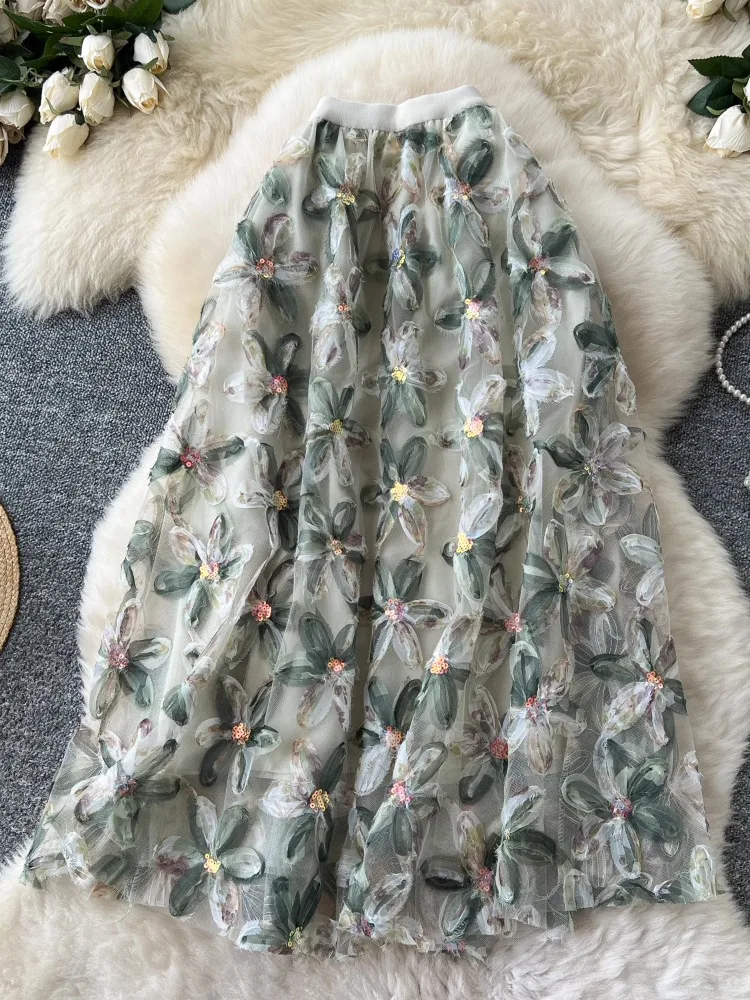 French romantic mesh skirt for women Summer Skirts New Skinny elastic high waisted flower A-line Maxi skirt Woman Clothing