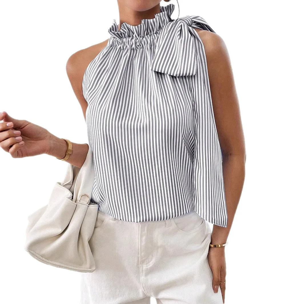 Women's Blouses Summer Fashion Bow Sleeveless Striped Lace Turtleneck Tethered T-shirt Top For Women Casual Pullover Shirts New