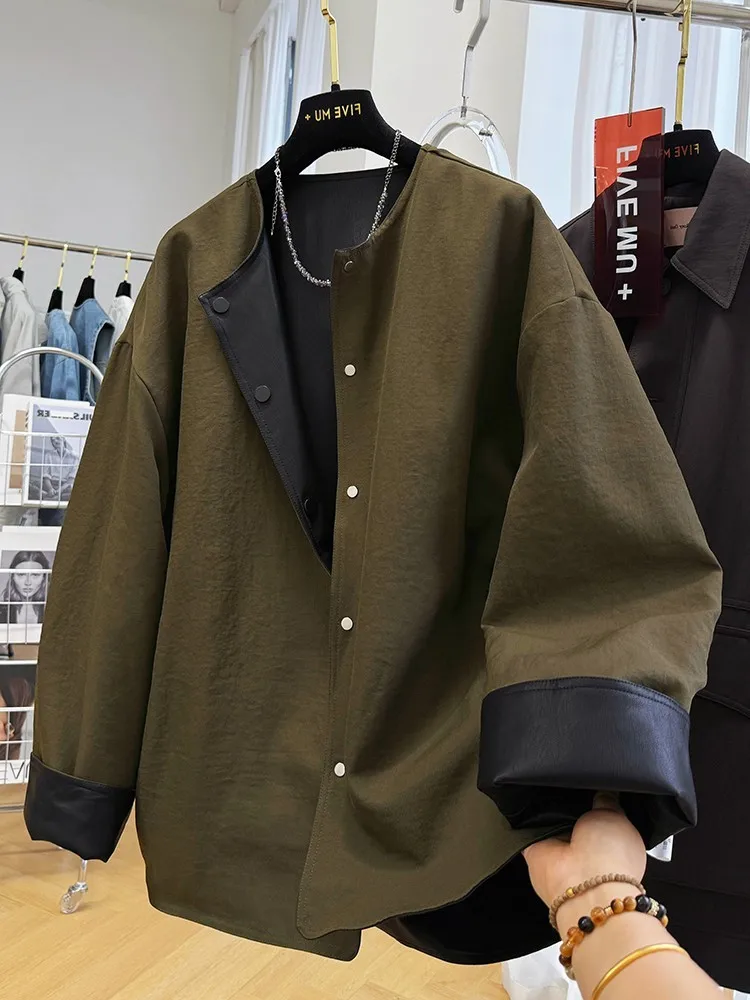 2026 New Lazy Sle Loose Casual Double-Sided Wear round Ne PU Leather Jaet Women Spring Autumn Long Sve Regular Fit