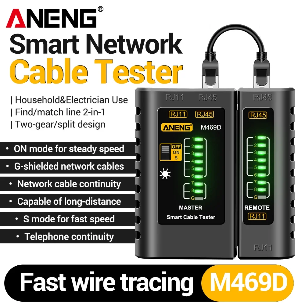 

Network Cable Tester ANENG M469D RJ45 RJ11 Ethernet Cable Tester with 2-Speed Modes Network Repair for Electrician Home Use Tool