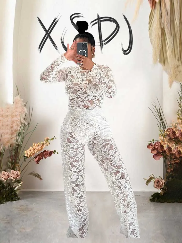 Two Piece Female Wear Close Fitting Bodysuits and Long Pant Sets Transparent Lace Sexy Bodysuit Outfits Wholesale Dropshipping