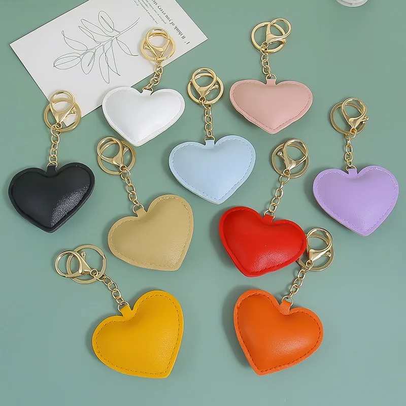 Faux Leather Heart Keychain Sweet Love Heart Shaped Bag Charm Pendant Gold Hardware Keyring for Bag Purse Car Key Accessory Gift