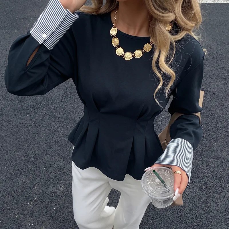 Women T Shirts Tops Spliced Tees Pleated Fake Two Piece Long Sleeves Round Neck Cinched Waist Slim Fit Casual 2026 Autumn Winter