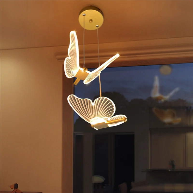 HHTL 2X Butterfly LED Pendant Lights Nordic Golden Bedside Chandelier Lighting For Living Room Bedroom Bedside Lamp B