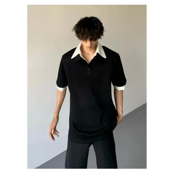 Men's Fake Two-Piece Double Collar Shoulder Pads Short Sleeve T-Shirt American Heavyweight Lapel Regular Fit Shoulder Polo Shirt