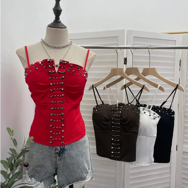 Vintage Metal Studded Dark Style Camisole Built In Bra Back Elastic Smocking Form Fitting Short Streetwear Outfits Chic Top 6322