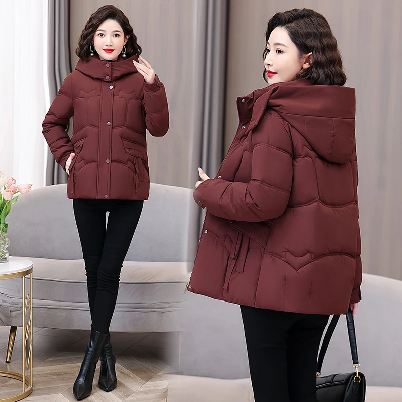 

Winter Coat Women Fashion Middle Age Mother Mid Down Cotton Hooded Jacket Casual Solid Warm Thick Outwear Female Parka