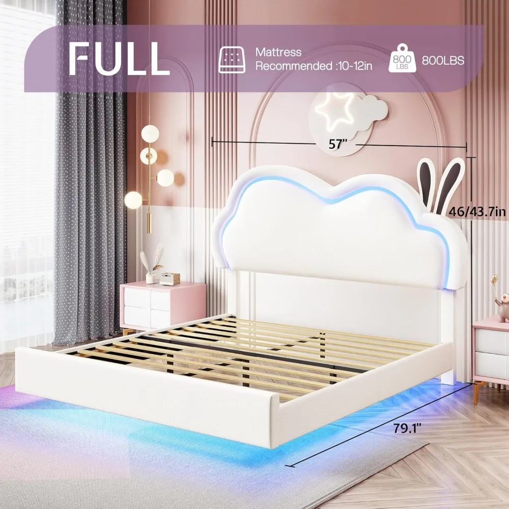 LED Full Bed Frame for Girls Upholstered Floating Bed with Cute Cloud Headboard, No Box Spring Needed, Leather