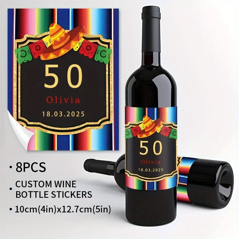 

Cinco de Mayo Custom 50th Birthday Wine Bottle Stickers 8PCS Personalized Name Date 4x5in/10x12.7cm Party Gift Bottle Labels