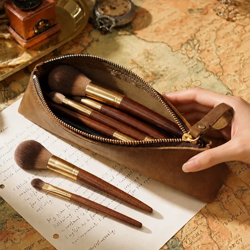 Vintage PU Makeup Brush Holder, Zipper Cosmetic Pouch & Pencil Case for Brushes, Stationery, Travel, School and Daily Use