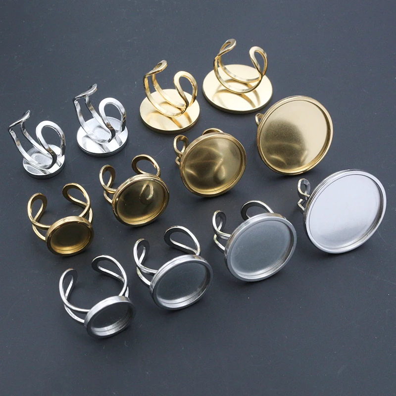 5pcs 10-25mm Inner Size Round Thick Stainless Steel Adjustable Ring Settings Cabochon Blank Base DIY Jewelry Making Findings