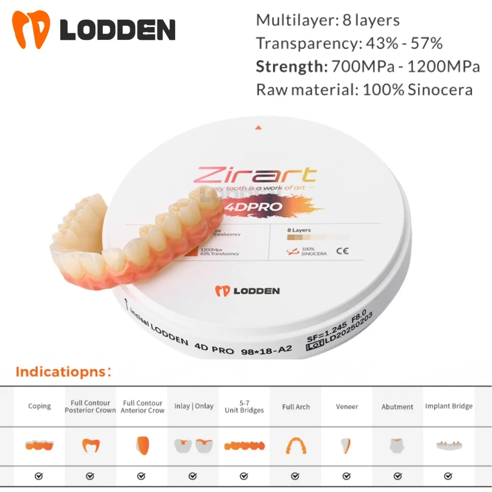 Lodden Dental Zirconia Block 4D PRO Multilayer for CAD CAM Lab Materials open system 43%-57% Strength 700-1200Mpa Sinocera